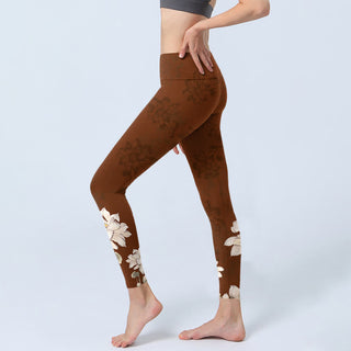 Buddha Gift Brown White Lotus Flower Print Gym Leggings Women's Yoga Pants