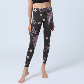 Buddha Gift Pink Flowers Flying Cranes Print Gym Leggings Women's Yoga Pants