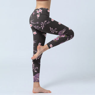 Buddha Gift Pink Flowers Flying Cranes Print Gym Leggings Women's Yoga Pants