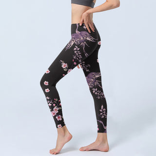Buddha Gift Pink Flowers Flying Cranes Print Gym Leggings Women's Yoga Pants