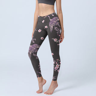 Buddha Gift Pink Flowers Flying Cranes Print Gym Leggings Women's Yoga Pants