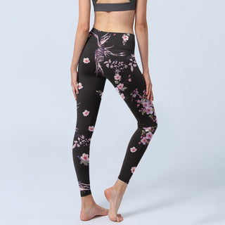 Buddha Gift Pink Flowers Flying Cranes Print Gym Leggings Women's Yoga Pants