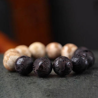 Buddha Gift Ebony Wood Camphor Wood Yin Yang Ox Engraved Peace Bracelet