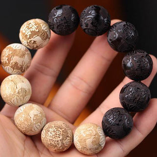 Buddha Gift Ebony Wood Camphor Wood Yin Yang Ox Engraved Peace Bracelet