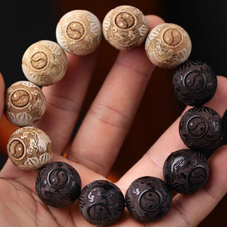 Buddha Gift Ebony Wood Camphor Wood Yin Yang Ox Engraved Peace Bracelet