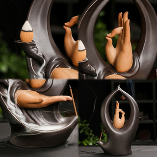 Buddha Gift Stairs Mountains Water Buddha Hand Ceramic Backflow Smoke Fountain Meditation Incense Burner Decoration