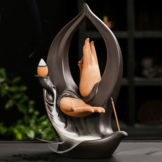 Buddha Gift Stairs Mountains Water Buddha Hand Ceramic Backflow Smoke Fountain Meditation Incense Burner Decoration