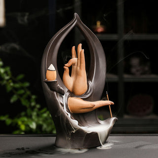 Buddha Gift Stairs Mountains Water Buddha Hand Ceramic Backflow Smoke Fountain Meditation Incense Burner Decoration