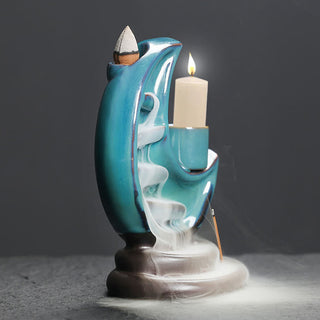 Buddha Gift Blue Crescent Moon Ceramic Backflow Smoke Fountain Meditation Candlestick Incense Burner Decoration