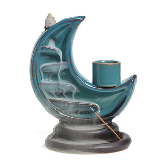 Buddha Gift Blue Crescent Moon Ceramic Backflow Smoke Fountain Meditation Candlestick Incense Burner Decoration
