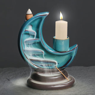 Buddha Gift Blue Crescent Moon Ceramic Backflow Smoke Fountain Meditation Candlestick Incense Burner Decoration