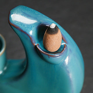 Buddha Gift Blue Crescent Moon Ceramic Backflow Smoke Fountain Meditation Candlestick Incense Burner Decoration