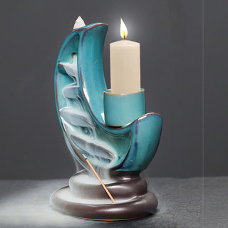 Buddha Gift Blue Crescent Moon Ceramic Backflow Smoke Fountain Meditation Candlestick Incense Burner Decoration