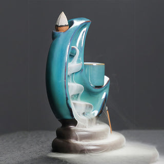 Buddha Gift Blue Crescent Moon Ceramic Backflow Smoke Fountain Meditation Candlestick Incense Burner Decoration