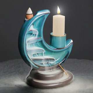 Buddha Gift Blue Crescent Moon Ceramic Backflow Smoke Fountain Meditation Candlestick Incense Burner Decoration