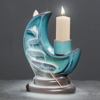 Buddha Gift Blue Crescent Moon Ceramic Backflow Smoke Fountain Meditation Candlestick Incense Burner Decoration