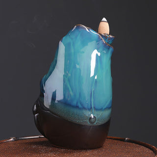 Buddha Gift Blue Lotus Leaf Ceramic Backflow Smoke Fountain Spiritual Incense Burner Decoration