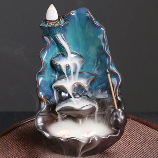 Buddha Gift Blue Lotus Leaf Ceramic Backflow Smoke Fountain Spiritual Incense Burner Decoration