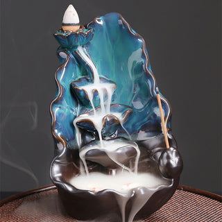 Buddha Gift Blue Lotus Leaf Ceramic Backflow Smoke Fountain Spiritual Incense Burner Decoration