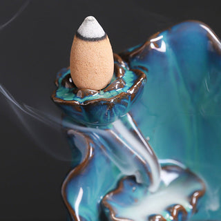 Buddha Gift Blue Lotus Leaf Ceramic Backflow Smoke Fountain Spiritual Incense Burner Decoration