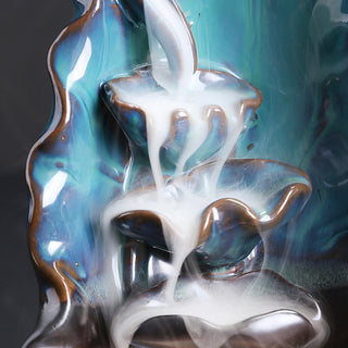 Buddha Gift Blue Lotus Leaf Ceramic Backflow Smoke Fountain Spiritual Incense Burner Decoration
