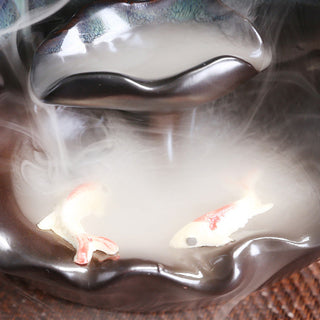 Buddha Gift Blue Lotus Leaf Ceramic Backflow Smoke Fountain Spiritual Incense Burner Decoration