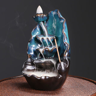 Buddha Gift Blue Lotus Leaf Ceramic Backflow Smoke Fountain Spiritual Incense Burner Decoration
