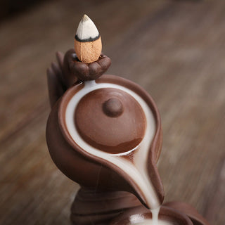 Buddha Gift Buddha Hand Holding Teapot Cup Ceramic Backflow Smoke Fountain Healing Incense Burner Decoration