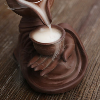 Buddha Gift Buddha Hand Holding Teapot Cup Ceramic Backflow Smoke Fountain Healing Incense Burner Decoration