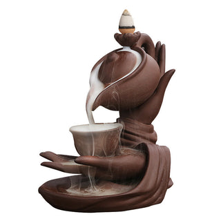 Buddha Gift Buddha Hand Holding Teapot Cup Ceramic Backflow Smoke Fountain Healing Incense Burner Decoration