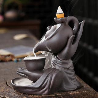 Buddha Gift Buddha Hand Holding Teapot Cup Ceramic Backflow Smoke Fountain Healing Incense Burner Decoration