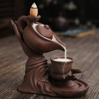 Buddha Gift Buddha Hand Holding Teapot Cup Ceramic Backflow Smoke Fountain Healing Incense Burner Decoration
