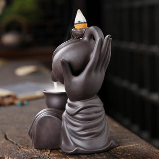Buddha Gift Buddha Hand Holding Teapot Cup Ceramic Backflow Smoke Fountain Healing Incense Burner Decoration