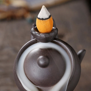 Buddha Gift Buddha Hand Holding Teapot Cup Ceramic Backflow Smoke Fountain Healing Incense Burner Decoration