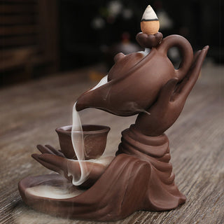 Buddha Gift Buddha Hand Holding Teapot Cup Ceramic Backflow Smoke Fountain Healing Incense Burner Decoration