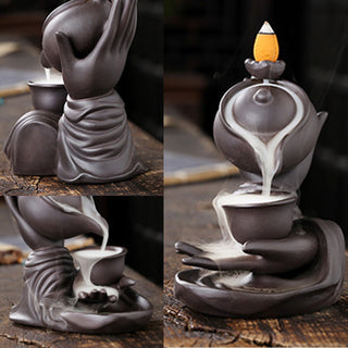 Buddha Gift Buddha Hand Holding Teapot Cup Ceramic Backflow Smoke Fountain Healing Incense Burner Decoration