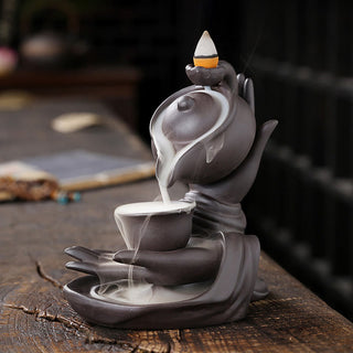 Buddha Gift Buddha Hand Holding Teapot Cup Ceramic Backflow Smoke Fountain Healing Incense Burner Decoration
