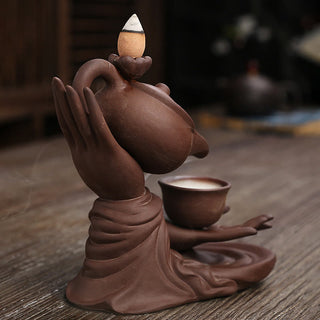 Buddha Gift Buddha Hand Holding Teapot Cup Ceramic Backflow Smoke Fountain Healing Incense Burner Decoration