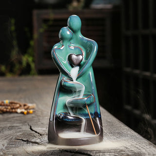 Buddha Gift Lovers Couple Embrace Love Ceramic Backflow Smoke Fountain Healing Incense Burner Decoration