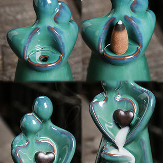 Buddha Gift Lovers Couple Embrace Love Ceramic Backflow Smoke Fountain Healing Incense Burner Decoration