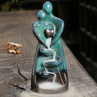 Buddha Gift Lovers Couple Embrace Love Ceramic Backflow Smoke Fountain Healing Incense Burner Decoration