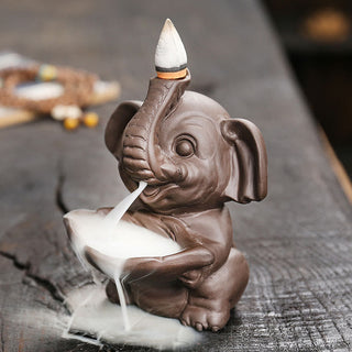 Buddha Gift Little Elephant Holding Leaf Purple Clay Backflow Smoke Fountain Healing Incense Burner Decoration