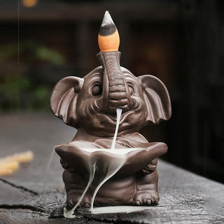 Buddha Gift Little Elephant Holding Leaf Purple Clay Backflow Smoke Fountain Healing Incense Burner Decoration