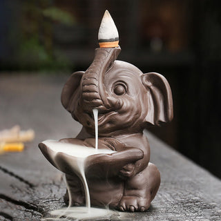Buddha Gift Little Elephant Holding Leaf Purple Clay Backflow Smoke Fountain Healing Incense Burner Decoration