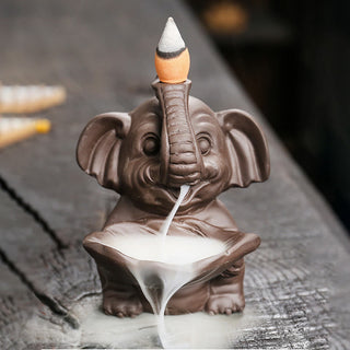 Buddha Gift Little Elephant Holding Leaf Purple Clay Backflow Smoke Fountain Healing Incense Burner Decoration