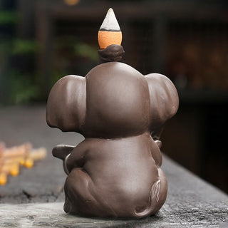 Buddha Gift Little Elephant Holding Leaf Purple Clay Backflow Smoke Fountain Healing Incense Burner Decoration