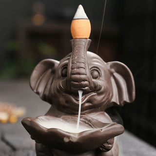 Buddha Gift Little Elephant Holding Leaf Purple Clay Backflow Smoke Fountain Healing Incense Burner Decoration
