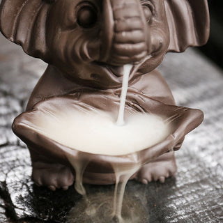 Buddha Gift Little Elephant Holding Leaf Purple Clay Backflow Smoke Fountain Healing Incense Burner Decoration