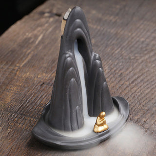 Buddha Gift Little Monk Mountains Flowing Water Purple Clay Ceramic Healing Backflow Incense Burner Decoration