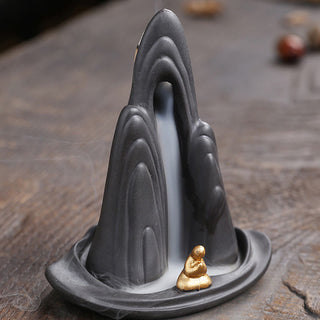 Buddha Gift Little Monk Mountains Flowing Water Purple Clay Ceramic Healing Backflow Incense Burner Decoration
